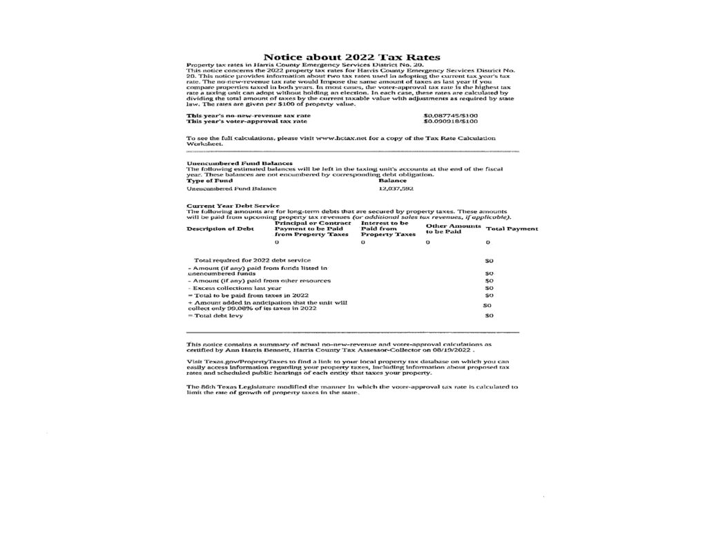 Tax Rate Notice 2022 – Harris County ESD No. 20