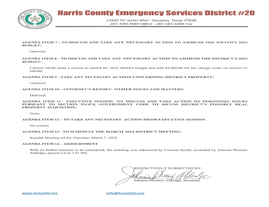 January 2024 Meeting Minutes Harris County ESD No. 20